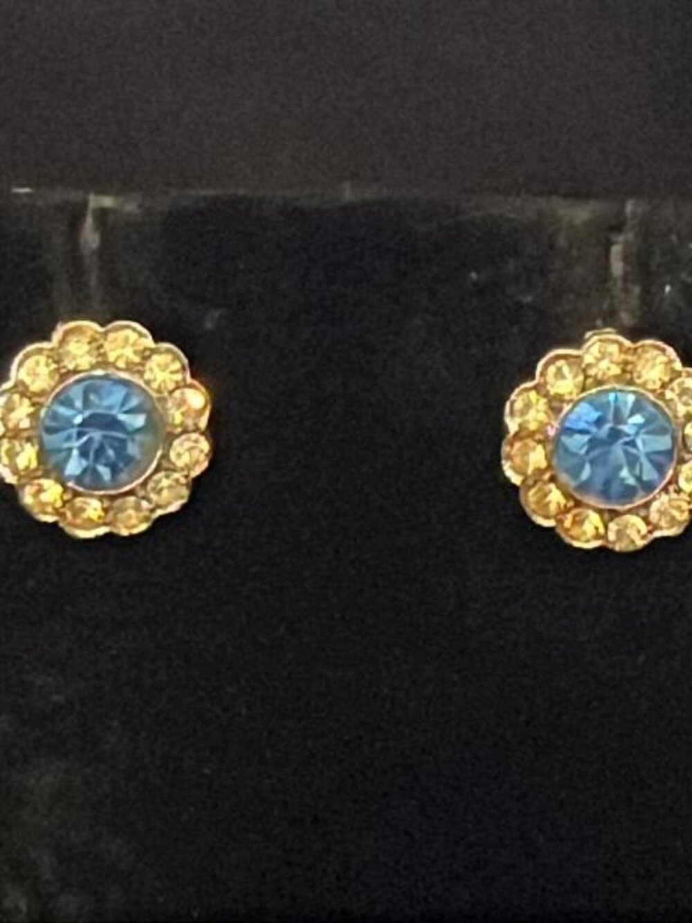 Blue Faceted Round with Clear Stone Frame Clip-Ons Earrings
